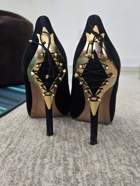 Sam Edelman Women's Evan Pumps Black With Gold Corset Heel Details Size 7M